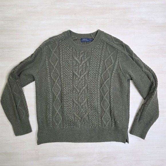 Polo Ralph Lauren Other - Polo Ralph Lauren Sweater Mens Olive Green Fisherman Cable Knit Crew Size Medium